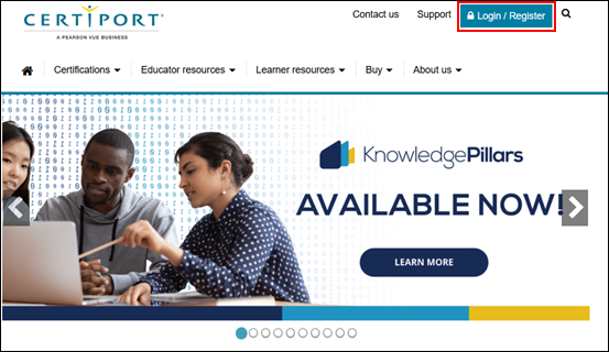 Certiport 官網 Login / Register 畫面