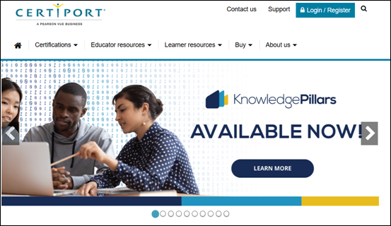 Certiport 網站右上角 Login / Register 位置